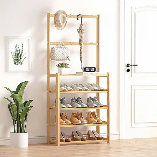 Large Wooden 5 Tiers Hat Coat Stand Clothes Shoe Rack Hanger Hooks Shelf Storage - Mekamart Australia