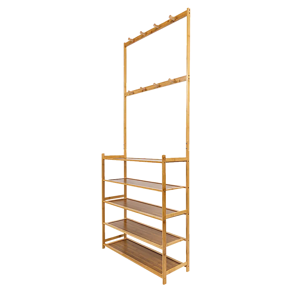 Large Wooden 5 Tiers Hat Coat Stand Clothes Shoe Rack Hanger Hooks Shelf Storage - Mekamart Australia