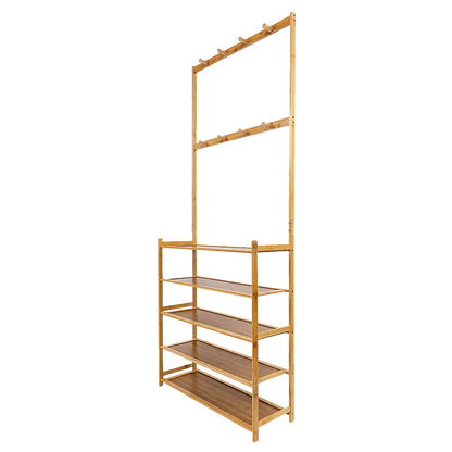 Large Wooden 5 Tiers Hat Coat Stand Clothes Shoe Rack Hanger Hooks Shelf Storage - Mekamart Australia