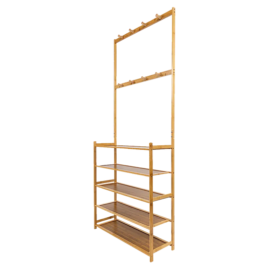 Large Wooden 5 Tiers Hat Coat Stand Clothes Shoe Rack Hanger Hooks Shelf Storage - Mekamart Australia