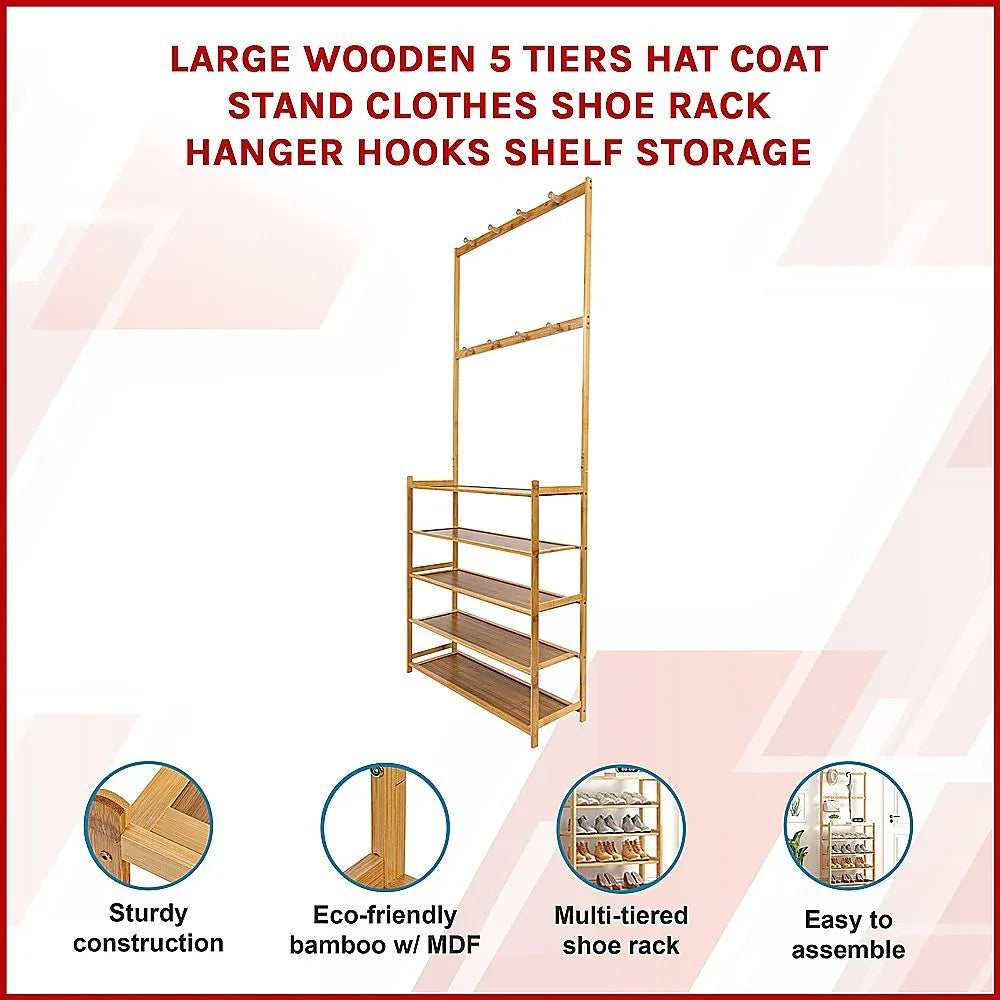 Large Wooden 5 Tiers Hat Coat Stand Clothes Shoe Rack Hanger Hooks Shelf Storage - Mekamart Australia