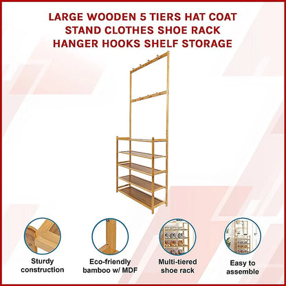 Large Wooden 5 Tiers Hat Coat Stand Clothes Shoe Rack Hanger Hooks Shelf Storage - Mekamart Australia