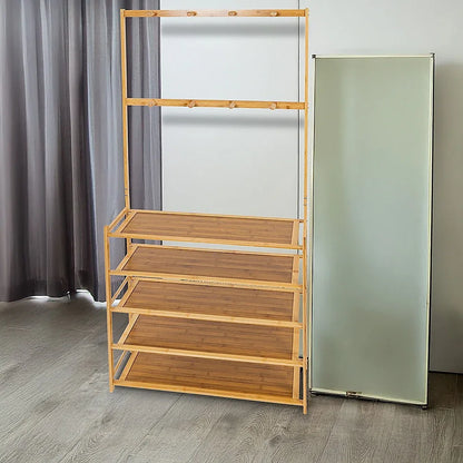 Large Wooden 5 Tiers Hat Coat Stand Clothes Shoe Rack Hanger Hooks Shelf Storage - Mekamart Australia