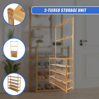 Large Wooden 5 Tiers Hat Coat Stand Clothes Shoe Rack Hanger Hooks Shelf Storage - Mekamart Australia