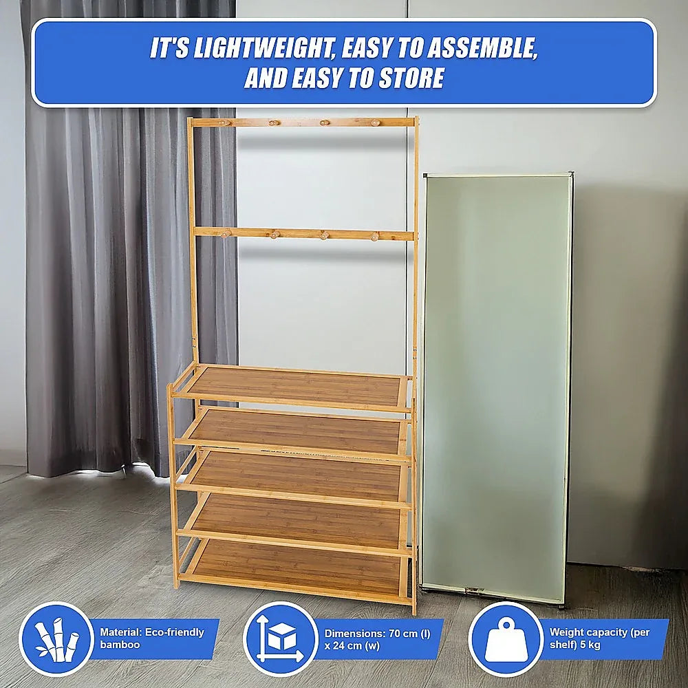 Large Wooden 5 Tiers Hat Coat Stand Clothes Shoe Rack Hanger Hooks Shelf Storage - Mekamart Australia