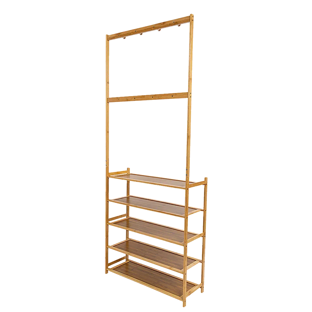 Large Wooden 5 Tiers Hat Coat Stand Clothes Shoe Rack Hanger Hooks Shelf Storage - Mekamart Australia