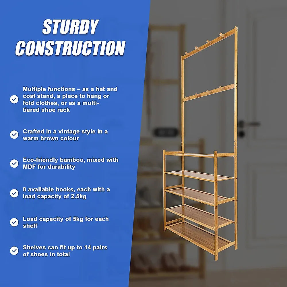 Large Wooden 5 Tiers Hat Coat Stand Clothes Shoe Rack Hanger Hooks Shelf Storage - Mekamart Australia