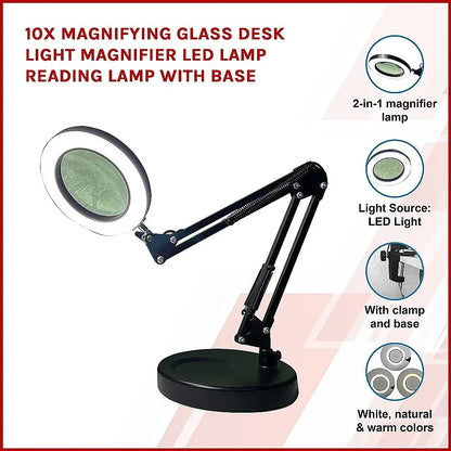 10X Magnifying Glass Desk Light Magnifier LED Lamp Reading Lamp With Base - Mekamart Australia
