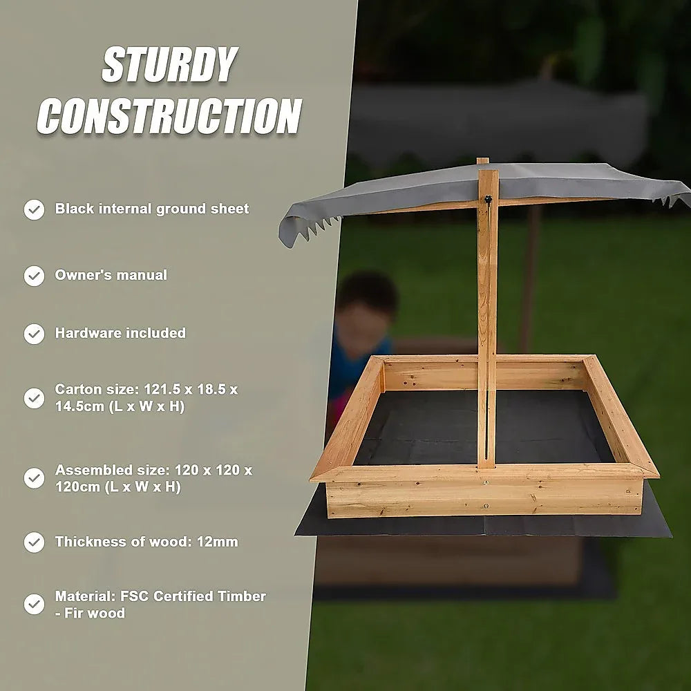 Kids Wooden Toy Sandpit with Adjustable Canopy - Mekamart Australia