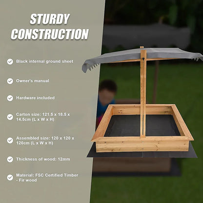 Kids Wooden Toy Sandpit with Adjustable Canopy - Mekamart Australia