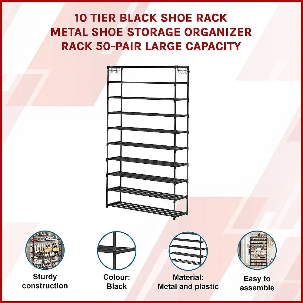 10 Tier Black Shoe Rack Metal Shoe Storage Organizer Rack 50-Pair Large Capacity - Mekamart Australia