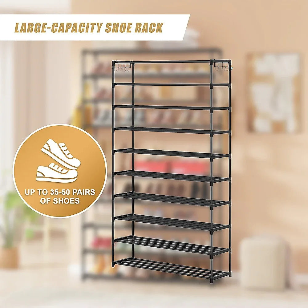10 Tier Black Shoe Rack Metal Shoe Storage Organizer Rack 50-Pair Large Capacity - Mekamart Australia