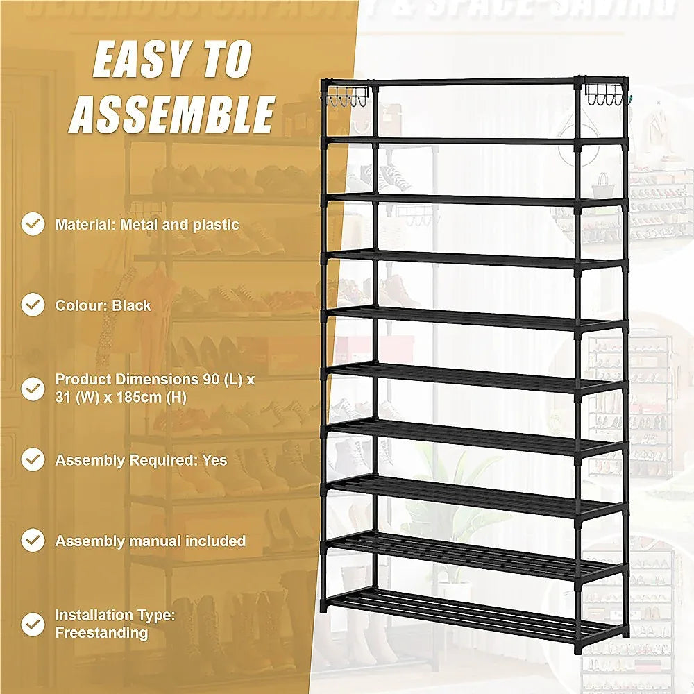 10 Tier Black Shoe Rack Metal Shoe Storage Organizer Rack 50-Pair Large Capacity - Mekamart Australia