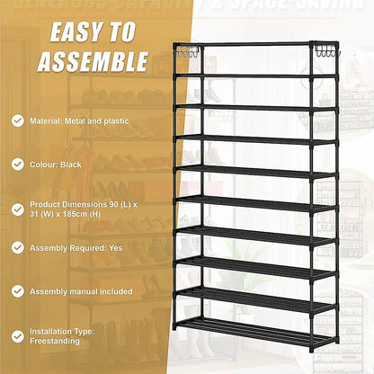 10 Tier Black Shoe Rack Metal Shoe Storage Organizer Rack 50-Pair Large Capacity - Mekamart Australia