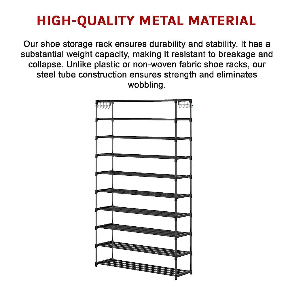 10 Tier Black Shoe Rack Metal Shoe Storage Organizer Rack 50-Pair Large Capacity - Mekamart Australia