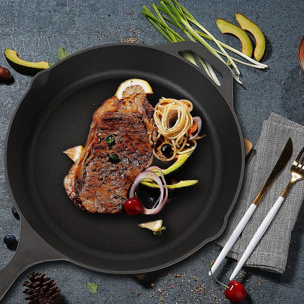 Non-stick Frying Pan Cast Iron Steak Skillet Round BBQ Grill Cookware 30cm - Mekamart Australia