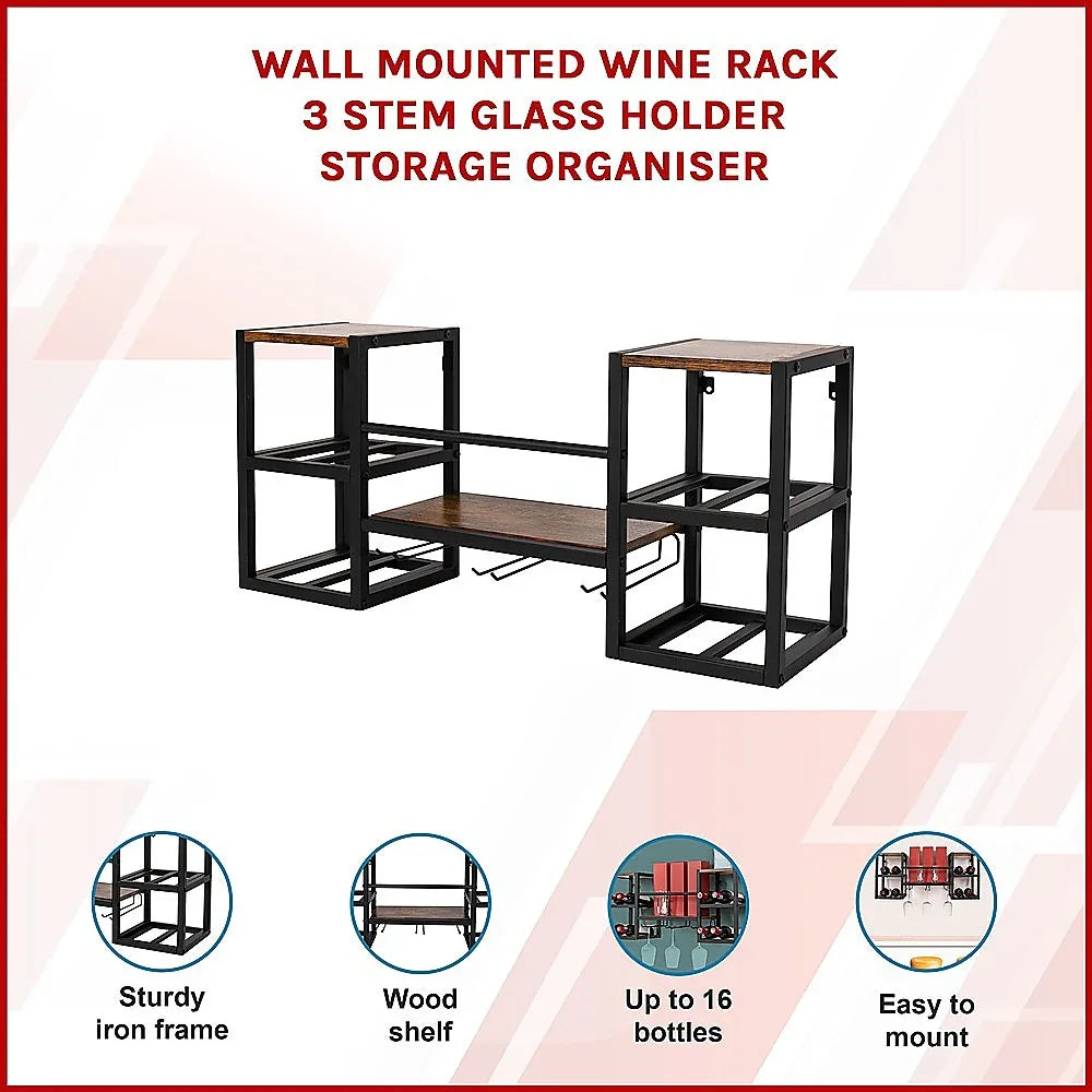 Wall Mounted Wine Rack 3 Stem Glass Holder Storage Organiser - Mekamart Australia