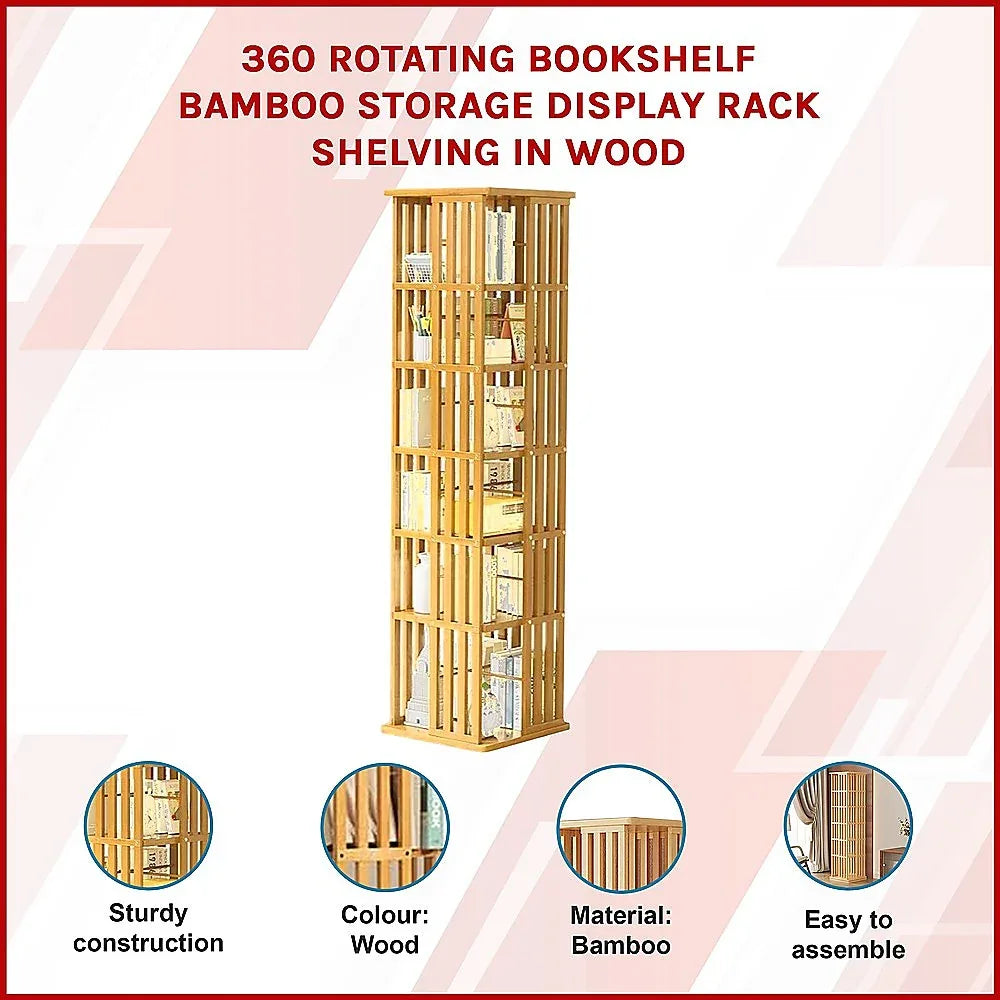 360 Rotating Bookshelf Bamboo Storage Display Rack Shelving in Wood - Mekamart Australia