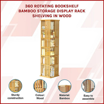 360 Rotating Bookshelf Bamboo Storage Display Rack Shelving in Wood - Mekamart Australia