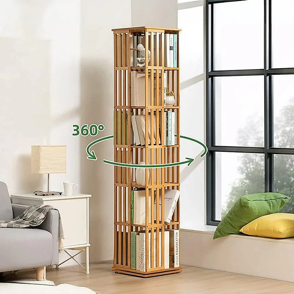 360 Rotating Bookshelf Bamboo Storage Display Rack Shelving in Wood - Mekamart Australia