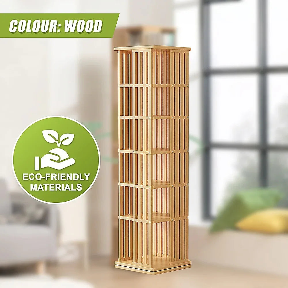 360 Rotating Bookshelf Bamboo Storage Display Rack Shelving in Wood - Mekamart Australia
