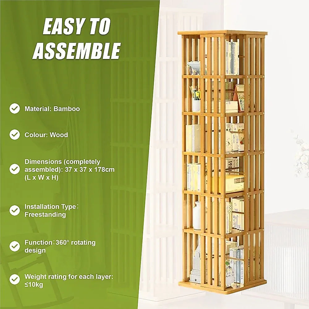 360 Rotating Bookshelf Bamboo Storage Display Rack Shelving in Wood - Mekamart Australia