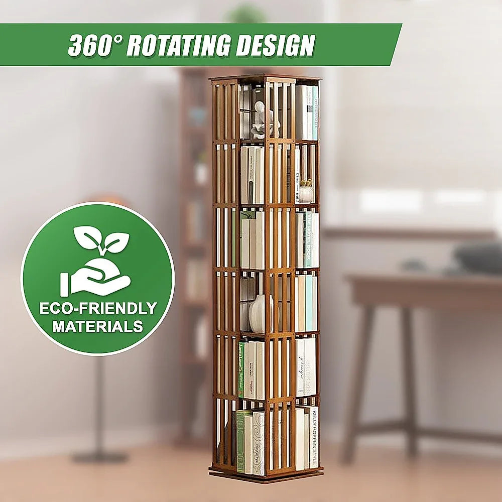 360 Rotating Bookshelf Bamboo Storage Display Rack Shelving in Dark Wood - Mekamart Australia