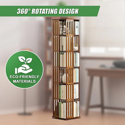 360 Rotating Bookshelf Bamboo Storage Display Rack Shelving in Dark Wood - Mekamart Australia
