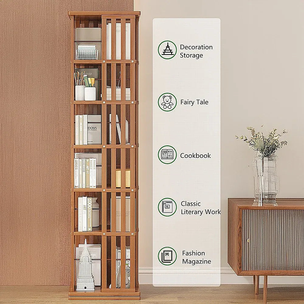 360 Rotating Bookshelf Bamboo Storage Display Rack Shelving in Dark Wood - Mekamart Australia