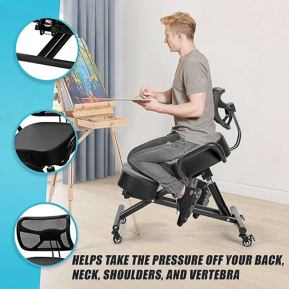 Ergonomic Kneeling Posture Chair with Backrest Adjustable Height and Casters - Mekamart Australia