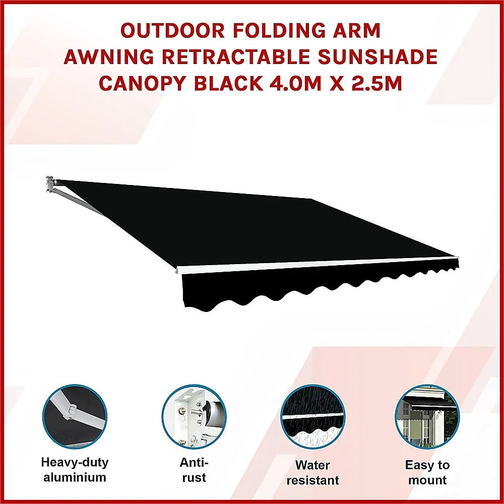 Outdoor Folding Arm Awning Retractable Sunshade Canopy Black 4.0m x 2.5m - Mekamart Australia