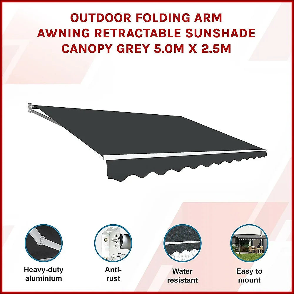 Outdoor Folding Arm Awning Retractable Sunshade Canopy Grey 5.0m x 2.5m - Mekamart Australia