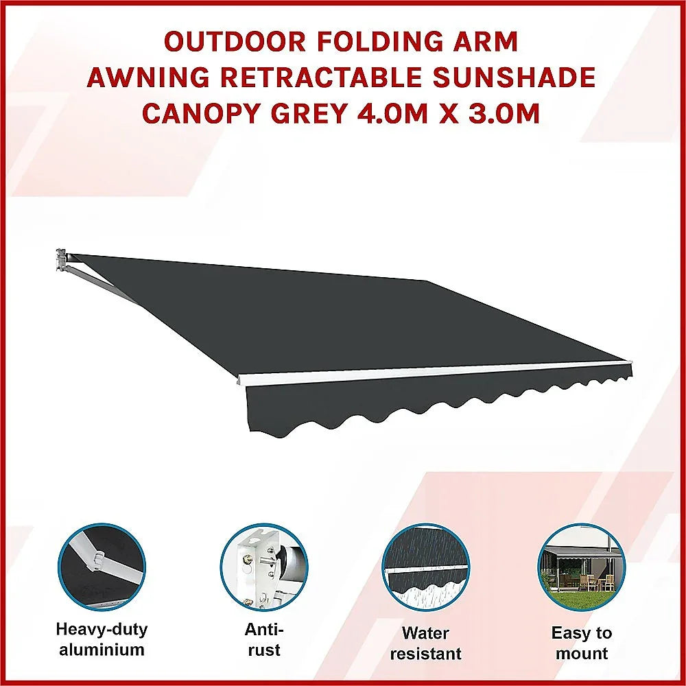 Outdoor Folding Arm Awning Retractable Sunshade Canopy Grey 4.0m x 3.0m - Mekamart Australia