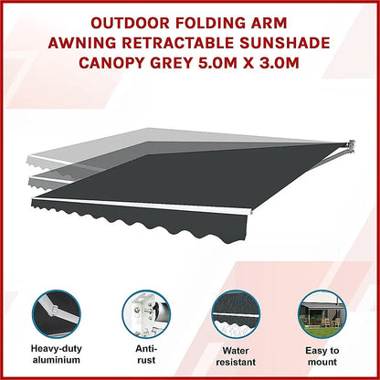 Outdoor Folding Arm Awning Retractable Sunshade Canopy Grey 5.0m x 3.0m - Mekamart Australia