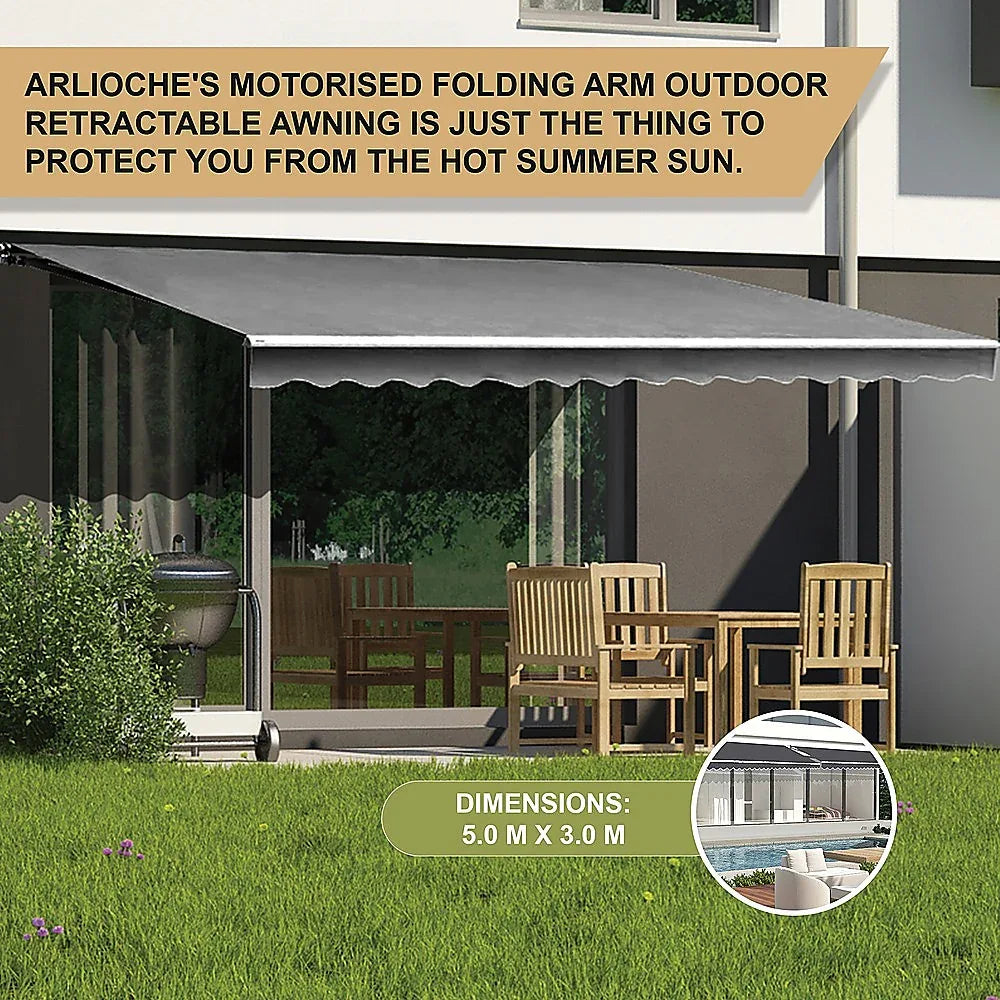 Outdoor Folding Arm Awning Retractable Sunshade Canopy Grey 5.0m x 3.0m - Mekamart Australia