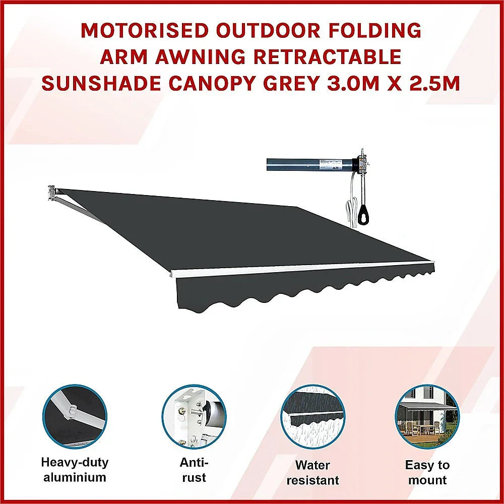 Motorised Outdoor Folding Arm Awning Retractable Sunshade Canopy Grey 3.0m x 2.5m - Mekamart Australia