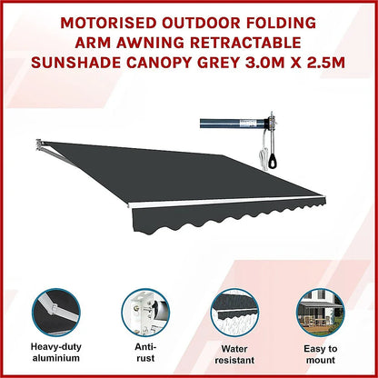 Motorised Outdoor Folding Arm Awning Retractable Sunshade Canopy Grey 3.0m x 2.5m - Mekamart Australia
