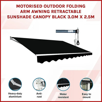 Motorised Outdoor Folding Arm Awning Retractable Sunshade Canopy Black 3.0m x 2.5m - Mekamart Australia