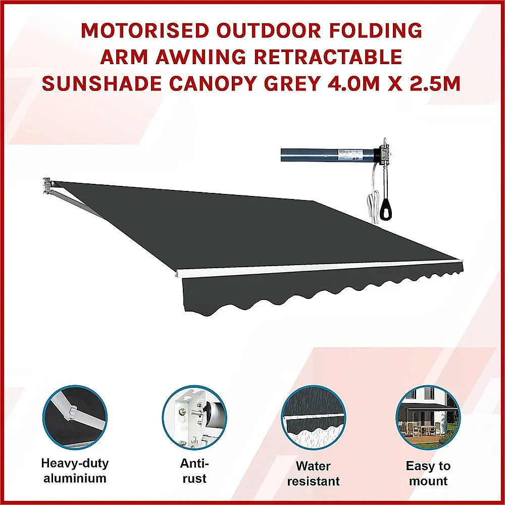 Motorised Outdoor Folding Arm Awning Retractable Sunshade Canopy Grey 4.0m x 2.5m - Mekamart Australia