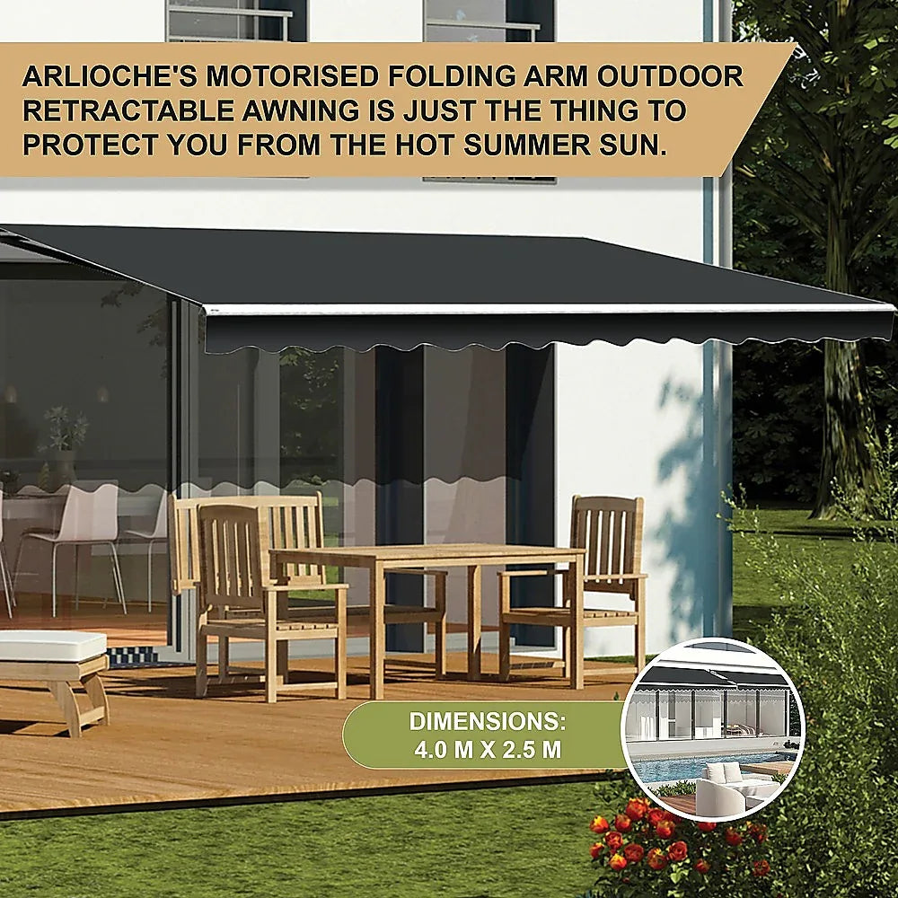 Motorised Outdoor Folding Arm Awning Retractable Sunshade Canopy Grey 4.0m x 2.5m - Mekamart Australia