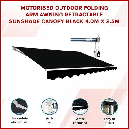 Motorised Outdoor Folding Arm Awning Retractable Sunshade Canopy Black 4.0m x 2.5m - Mekamart Australia