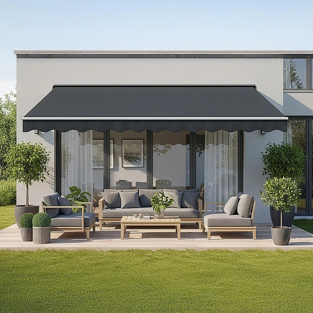 Motorised Outdoor Folding Arm Awning Retractable Sunshade Canopy Grey 4.0m x 3.0m - Mekamart Australia