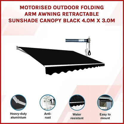 Motorised Outdoor Folding Arm Awning Retractable Sunshade Canopy Black 4.0m x 3.0m - Mekamart Australia