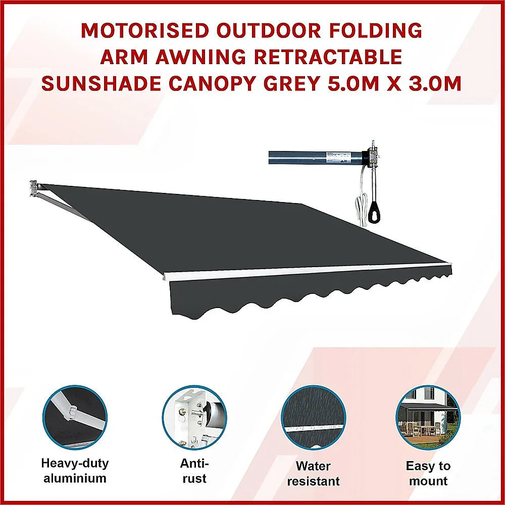 Motorised Outdoor Folding Arm Awning Retractable Sunshade Canopy Grey 5.0m x 3.0m - Mekamart Australia