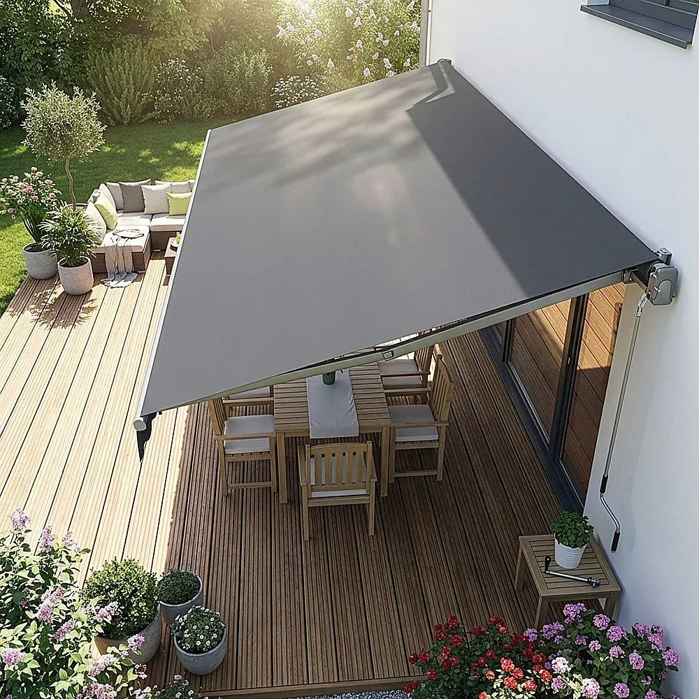 Motorised Outdoor Folding Arm Awning Retractable Sunshade Canopy Grey 5.0m x 3.0m - Mekamart Australia
