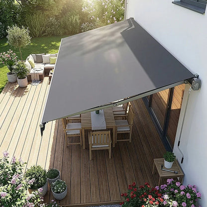 Motorised Outdoor Folding Arm Awning Retractable Sunshade Canopy Grey 5.0m x 3.0m - Mekamart Australia