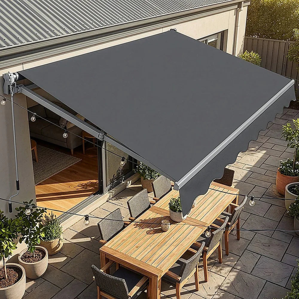 Motorised Outdoor Folding Arm Awning Retractable Sunshade Canopy Grey 5.0m x 3.0m - Mekamart Australia