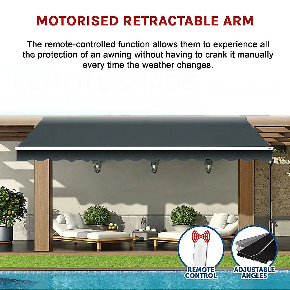 Motorised Outdoor Folding Arm Awning Retractable Sunshade Canopy Grey 5.0m x 3.0m - Mekamart Australia