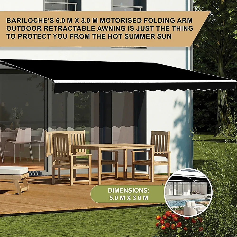 Motorised Outdoor Folding Arm Awning Retractable Sunshade Canopy Black 5.0m x 3.0m - Mekamart Australia