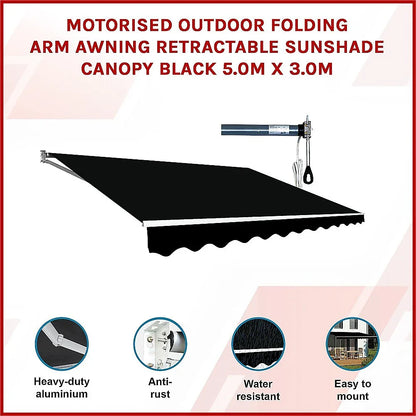 Motorised Outdoor Folding Arm Awning Retractable Sunshade Canopy Black 5.0m x 3.0m - Mekamart Australia